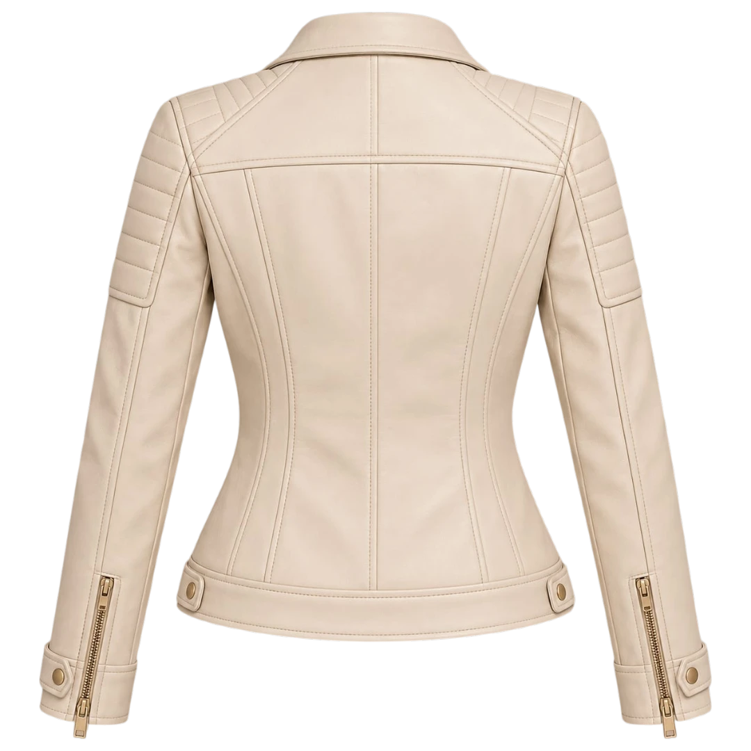 Jacketwear Ivory Women’s Faux Leather Moto Jacket – Quilted Biker Style