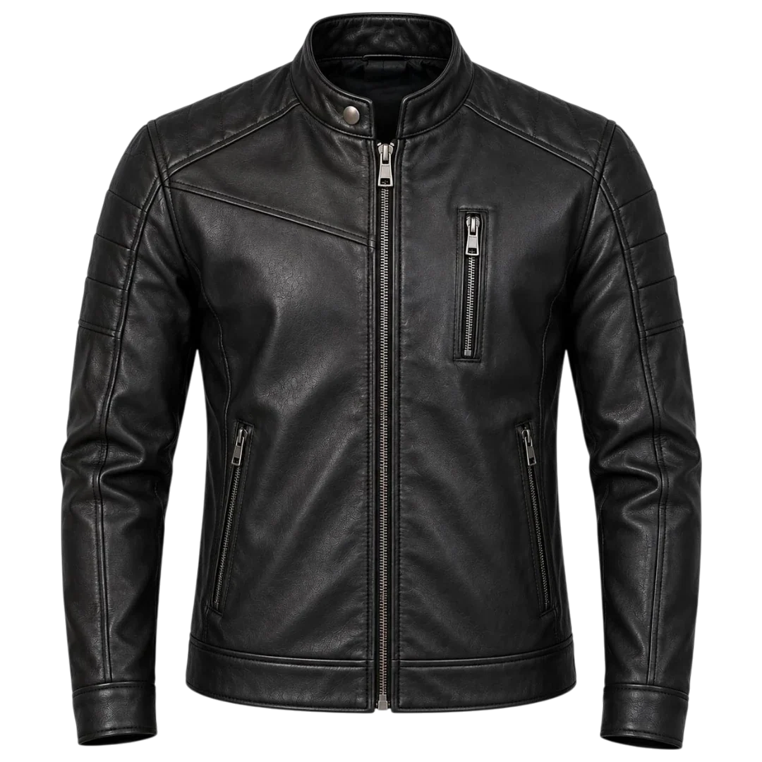Jacketwear Black Men’s Faux Leather Moto Jacket – Stand Collar Biker Style