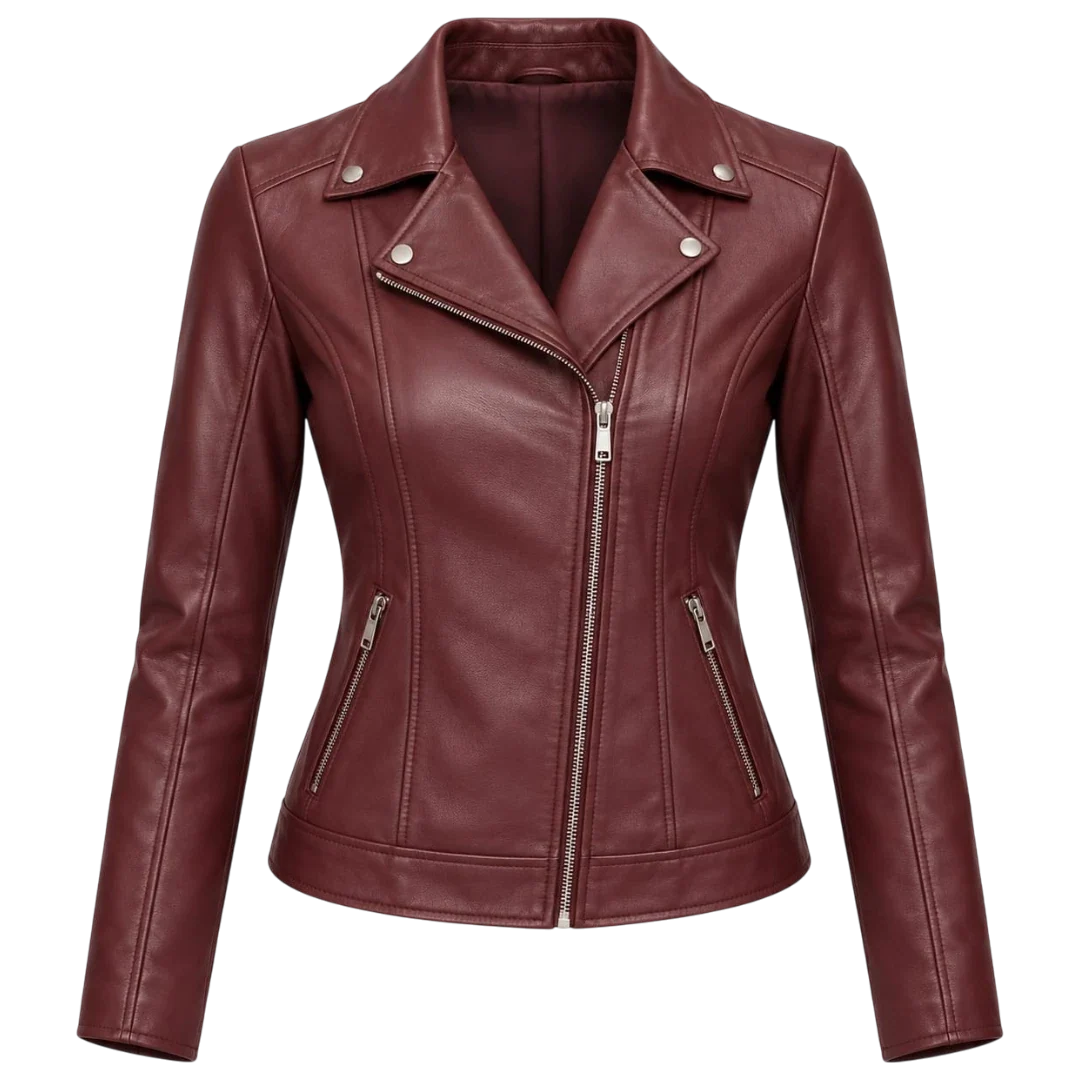 Jacketwear Burgundy Women’s Faux Leather Moto Jacket – Asymmetrical Biker Style