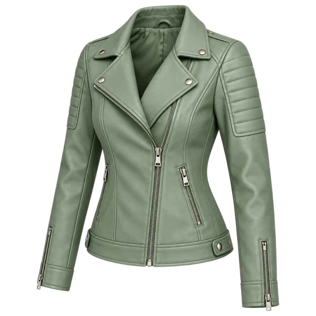 Jacketwear Sage Green Women’s Faux Leather Moto Jacket – Quilted Biker Style