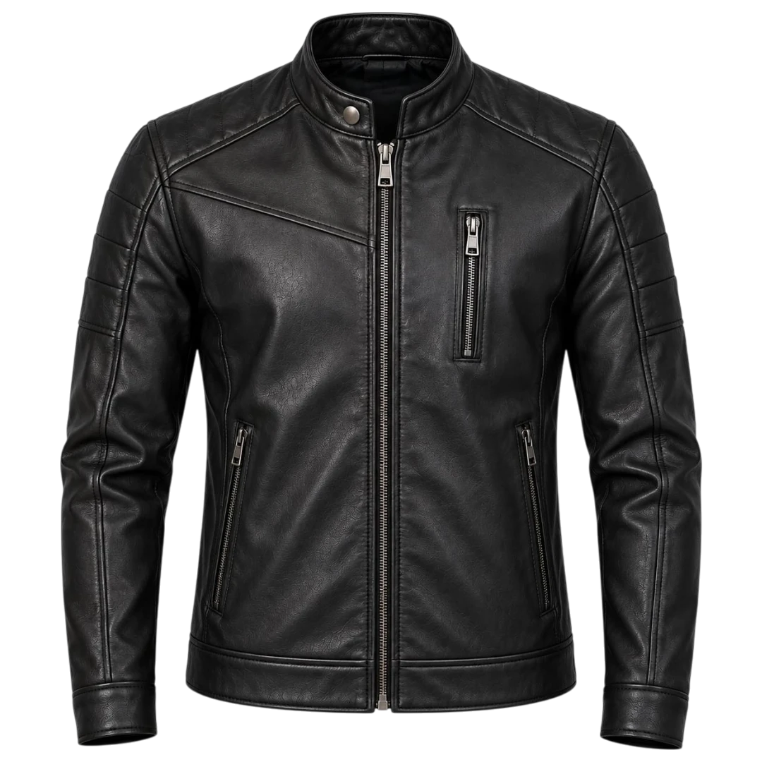 Jacketwear Black Men’s Faux Leather Moto Jacket – Stand Collar Biker Style