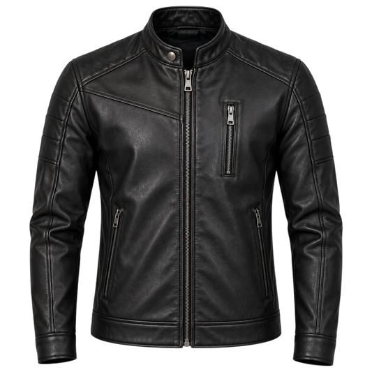 Jacketwear Black Men’s Faux Leather Moto Jacket – Stand Collar Biker Style