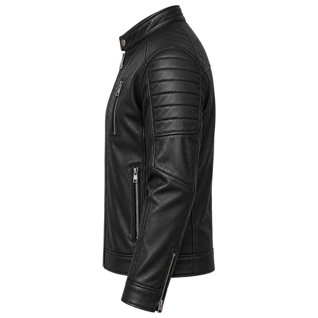 Jacketwear Black Men’s Faux Leather Moto Jacket – Stand Collar Biker Style