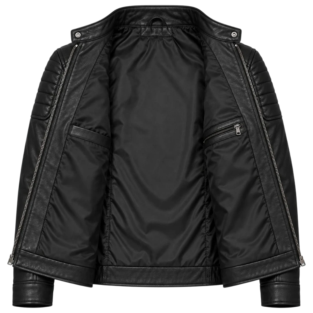 Jacketwear Black Men’s Faux Leather Moto Jacket – Stand Collar Biker Style
