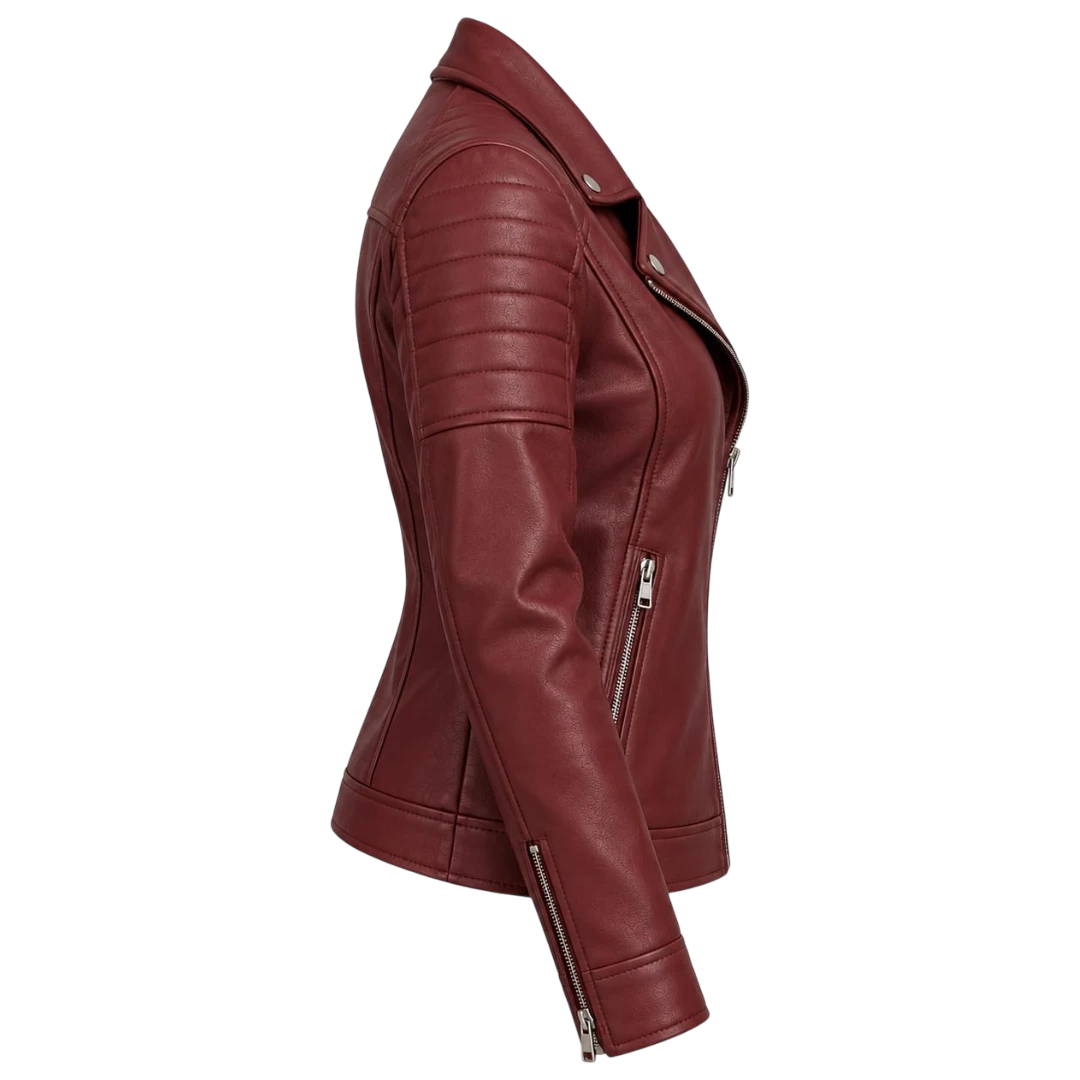 Jacketwear Burgundy Women’s Faux Leather Moto Jacket – Asymmetrical Biker Style