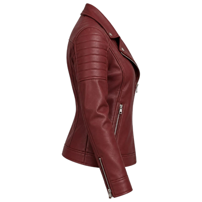 Jacketwear Burgundy Women’s Faux Leather Moto Jacket – Asymmetrical Biker Style