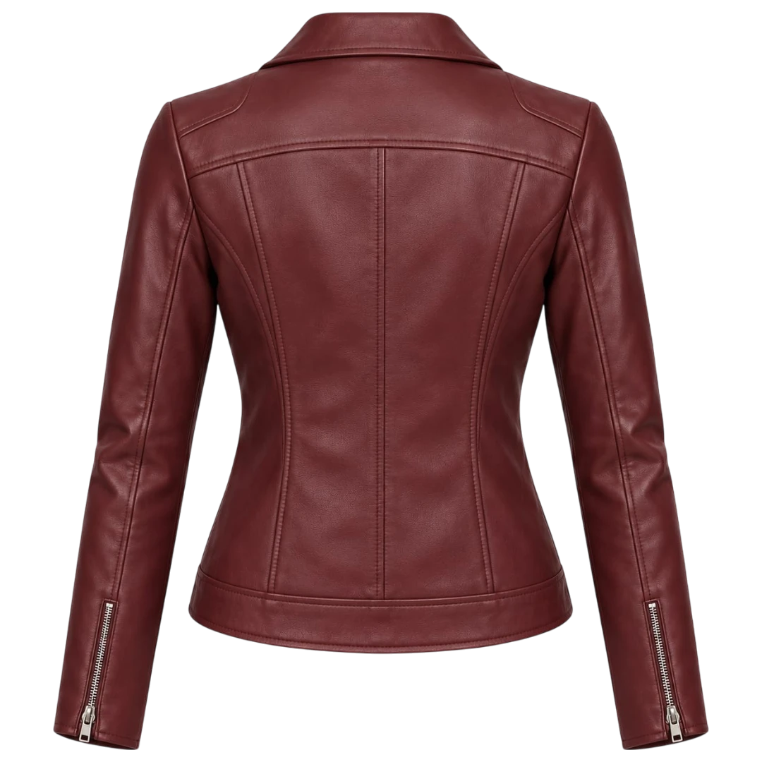 Jacketwear Burgundy Women’s Faux Leather Moto Jacket – Asymmetrical Biker Style