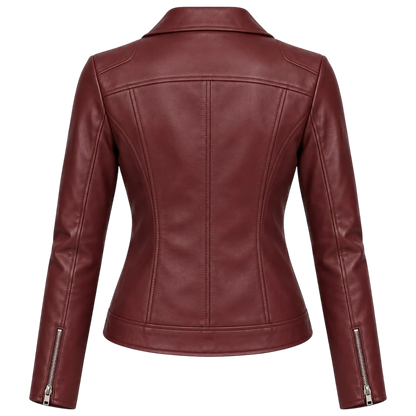 Jacketwear Burgundy Women’s Faux Leather Moto Jacket – Asymmetrical Biker Style