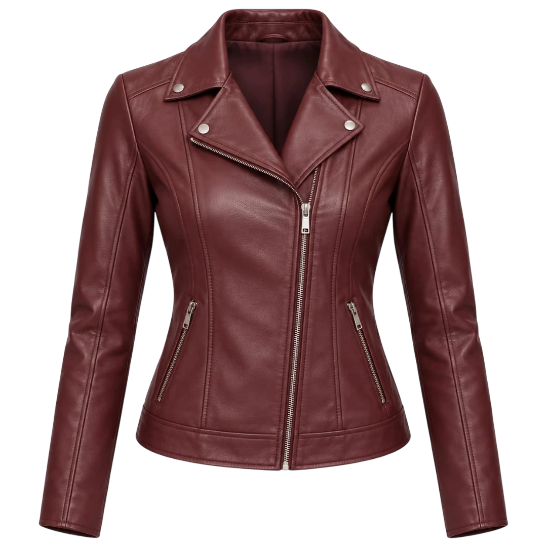 Jacketwear Burgundy Women’s Faux Leather Moto Jacket – Asymmetrical Biker Style