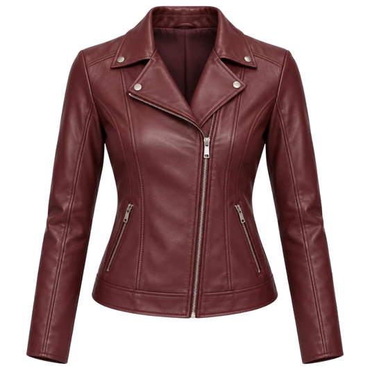 Jacketwear Burgundy Women’s Faux Leather Moto Jacket – Asymmetrical Biker Style