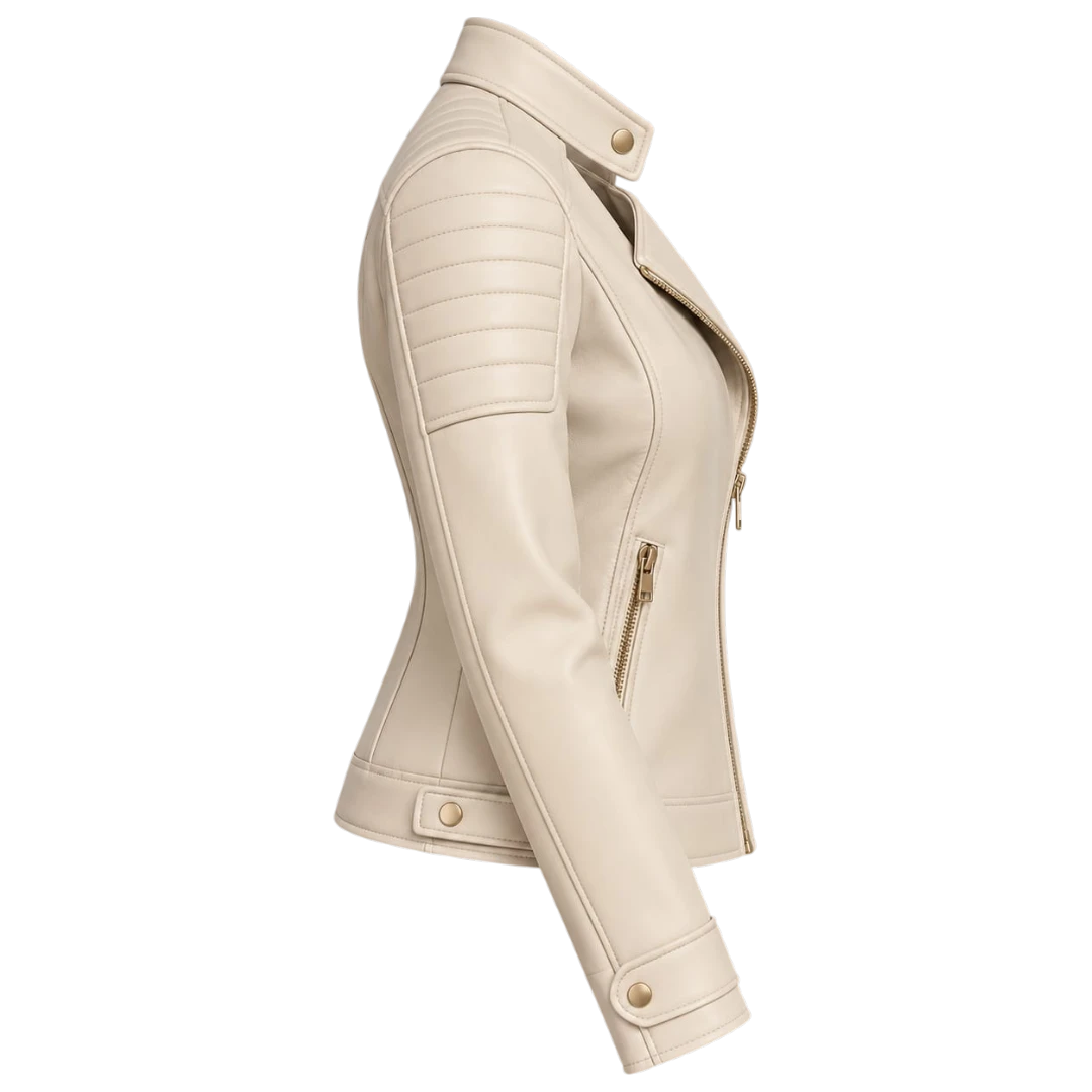 Jacketwear Ivory Women’s Faux Leather Moto Jacket – Quilted Biker Style