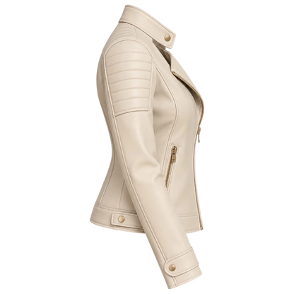 Jacketwear Ivory Women’s Faux Leather Moto Jacket – Quilted Biker Style
