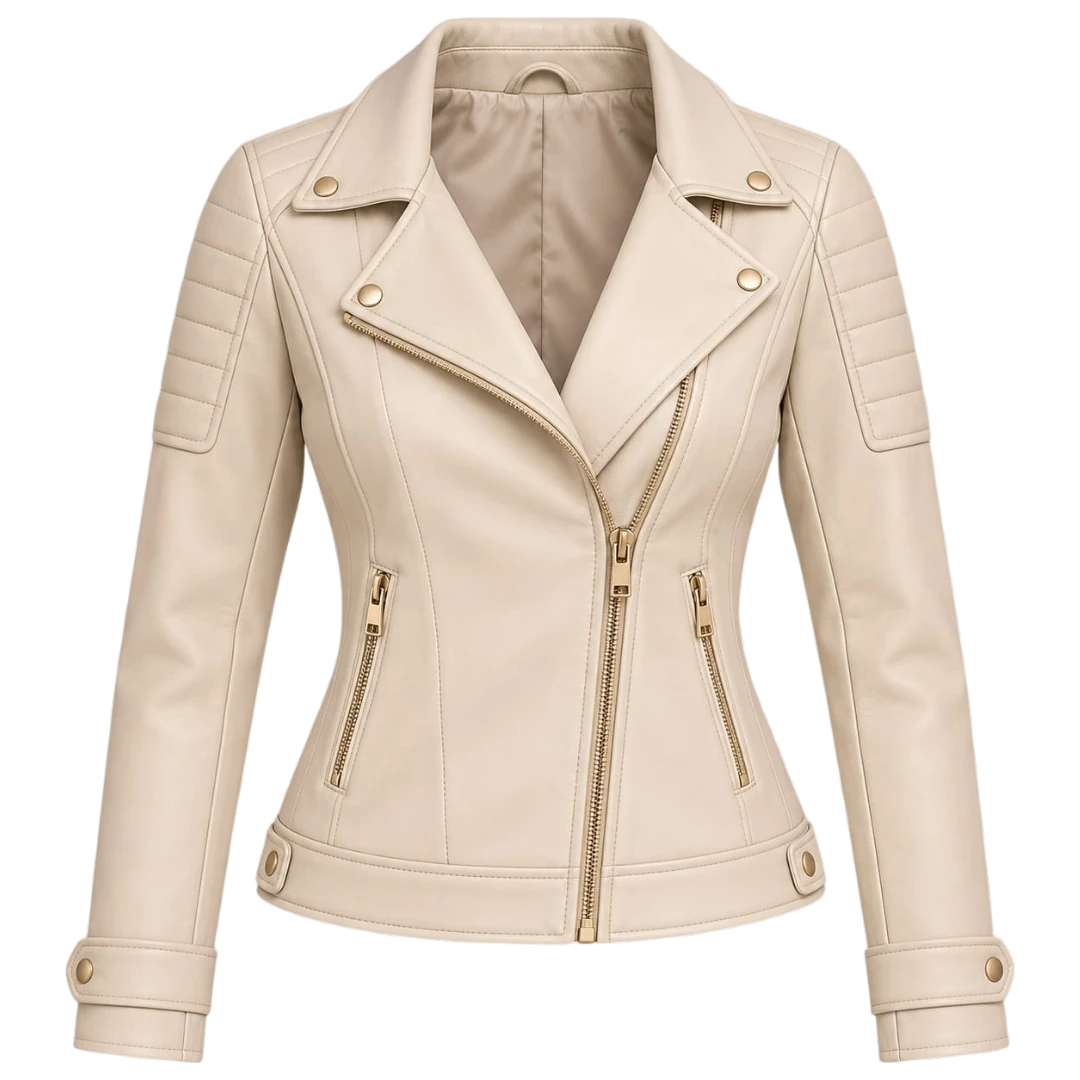 Jacketwear Ivory Women’s Faux Leather Moto Jacket – Quilted Biker Style