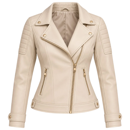 Jacketwear Ivory Women’s Faux Leather Moto Jacket – Quilted Biker Style
