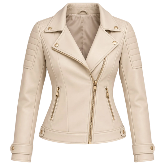 Jacketwear Ivory Women’s Faux Leather Moto Jacket – Quilted Biker Style