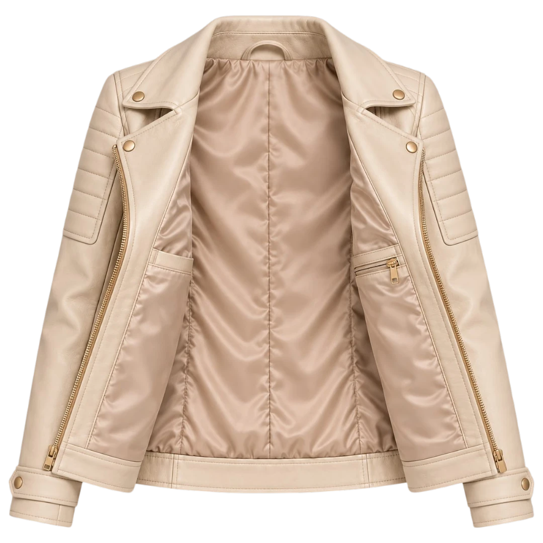 Jacketwear Ivory Women’s Faux Leather Moto Jacket – Quilted Biker Style