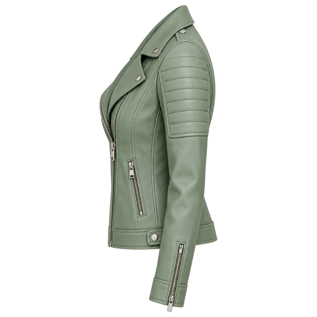 Jacketwear Sage Green Women’s Faux Leather Moto Jacket – Quilted Biker Style