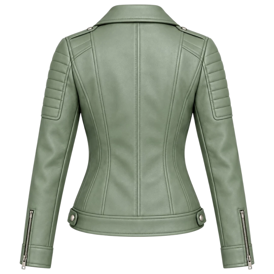 Jacketwear Sage Green Women’s Faux Leather Moto Jacket – Quilted Biker Style