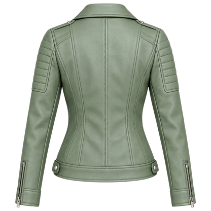 Jacketwear Sage Green Women’s Faux Leather Moto Jacket – Quilted Biker Style