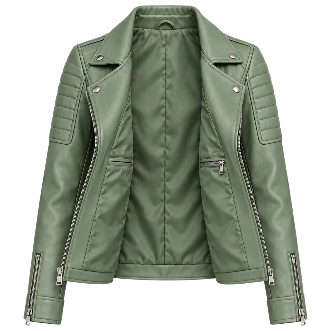 Jacketwear Sage Green Women’s Faux Leather Moto Jacket – Quilted Biker Style