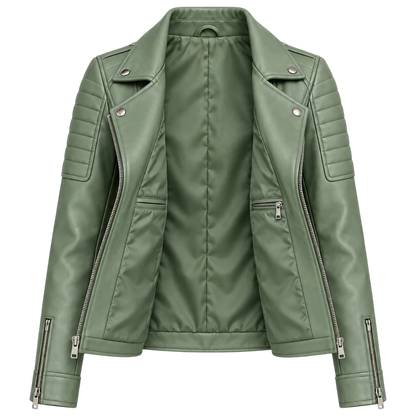 Jacketwear Sage Green Women’s Faux Leather Moto Jacket – Quilted Biker Style