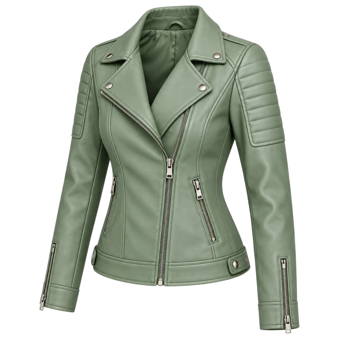 Jacketwear Sage Green Women’s Faux Leather Moto Jacket – Quilted Biker Style