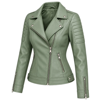 Jacketwear Sage Green Women’s Faux Leather Moto Jacket – Quilted Biker Style