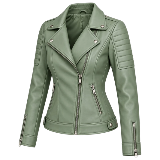 Jacketwear Sage Green Women’s Faux Leather Moto Jacket – Quilted Biker Style