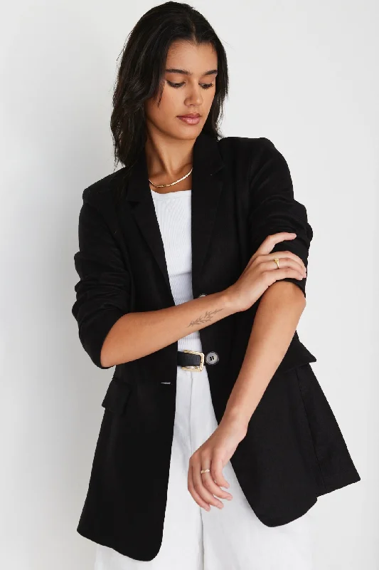 Aster Black Linen Single Breasted Longline Blazer