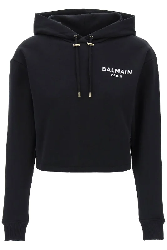 Balmain cropped hoodie with flocked logo CF1JP040BB01 NOIR BLANC