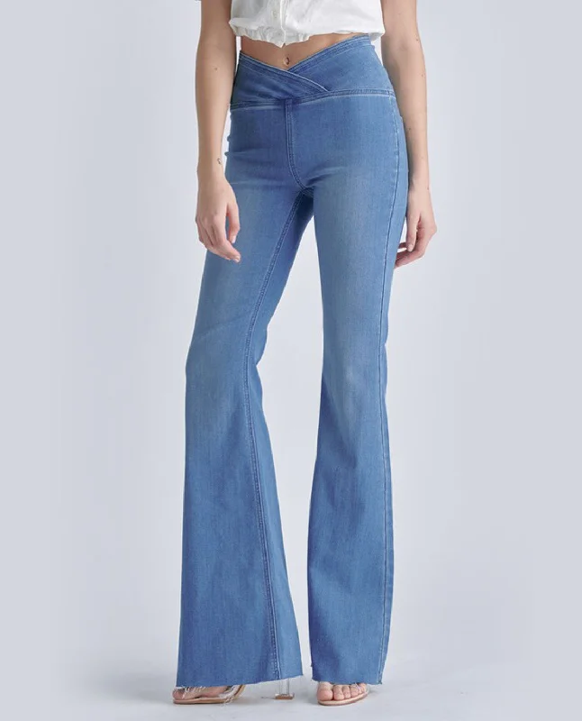 Cello High Rise Flare Jean with Criss Cross Wide Waistband Detail