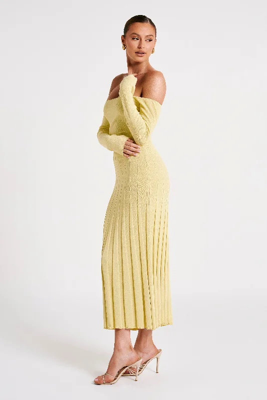 Emmeline Long Sleeve Rib Knit Midi Dress - Lemon