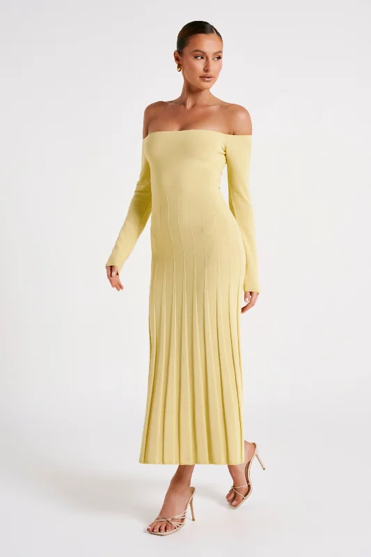 Emmeline Long Sleeve Rib Knit Midi Dress - Lemon