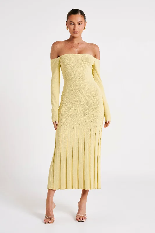 Emmeline Long Sleeve Rib Knit Midi Dress - Lemon