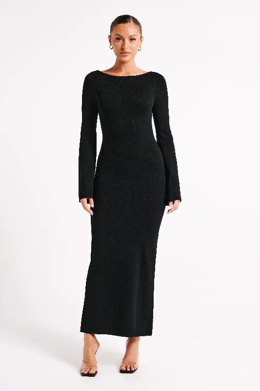 Marleigh Flare Sleeve Knit Maxi Dress - Black