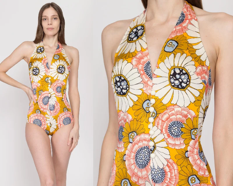 Small 60s 70s Cole Of California Floral One Piece Swimsuit Adjustable Swim Top